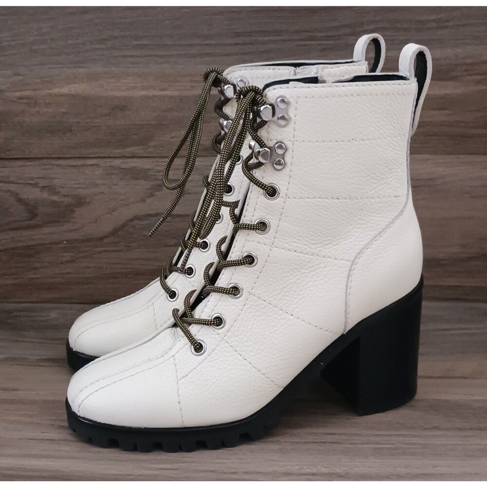 New PAIGE Christie Ivory Pebbled Leather Lace Up Combat Boot Block Heel Sz 6